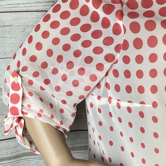 I.N. Studio Blouse XL Sheer White Pink Polka Dot Roll Tab Sleeves - Picture 5 of 12